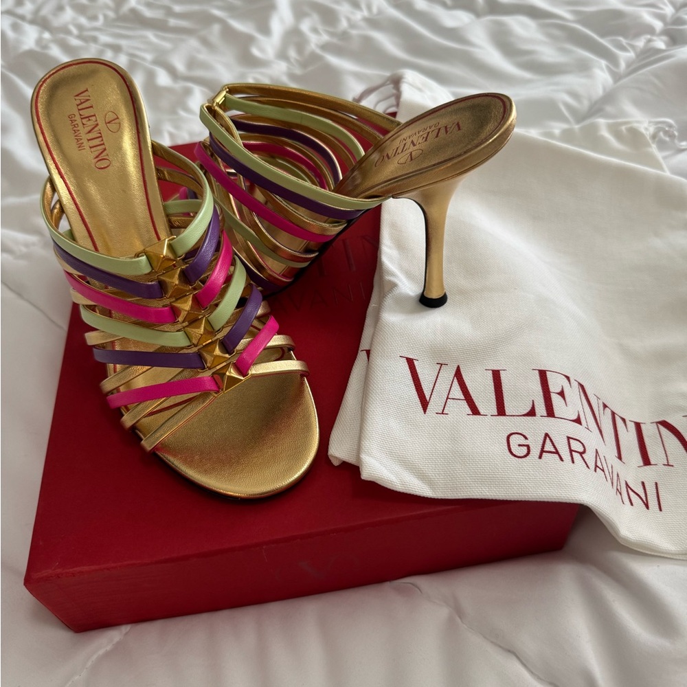 Valentino Garavani Gold and Multicolor Strappy Heels